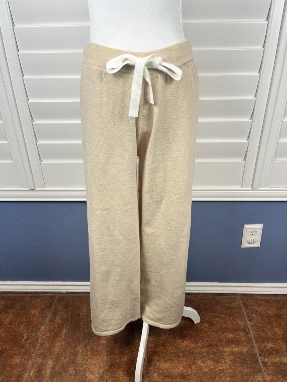 Beige Knit Wide Leg Drawstring Lounge Pants Elastic Waist Minimalist size L